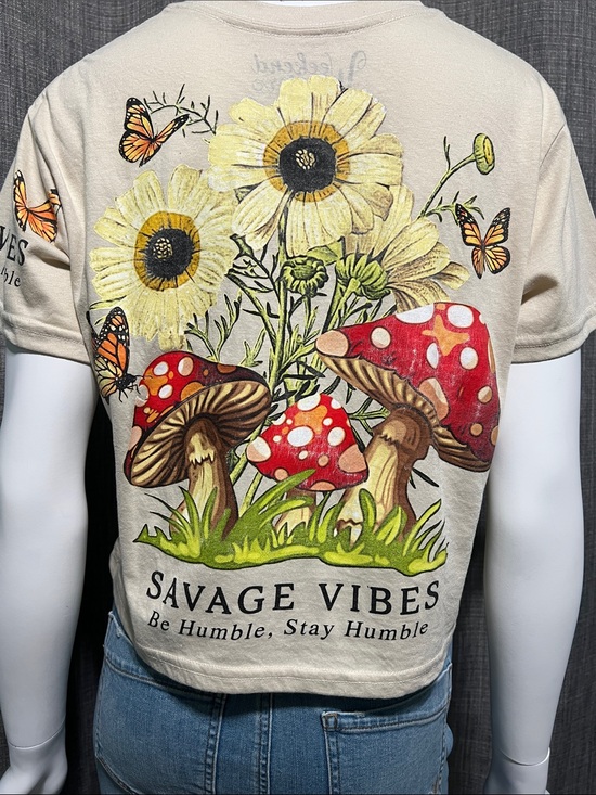 Weekend Warrior Tops - Savage Vibes Graphic Boxy Tee with Yellow Flowers, Mushrooms & Butterflies Small